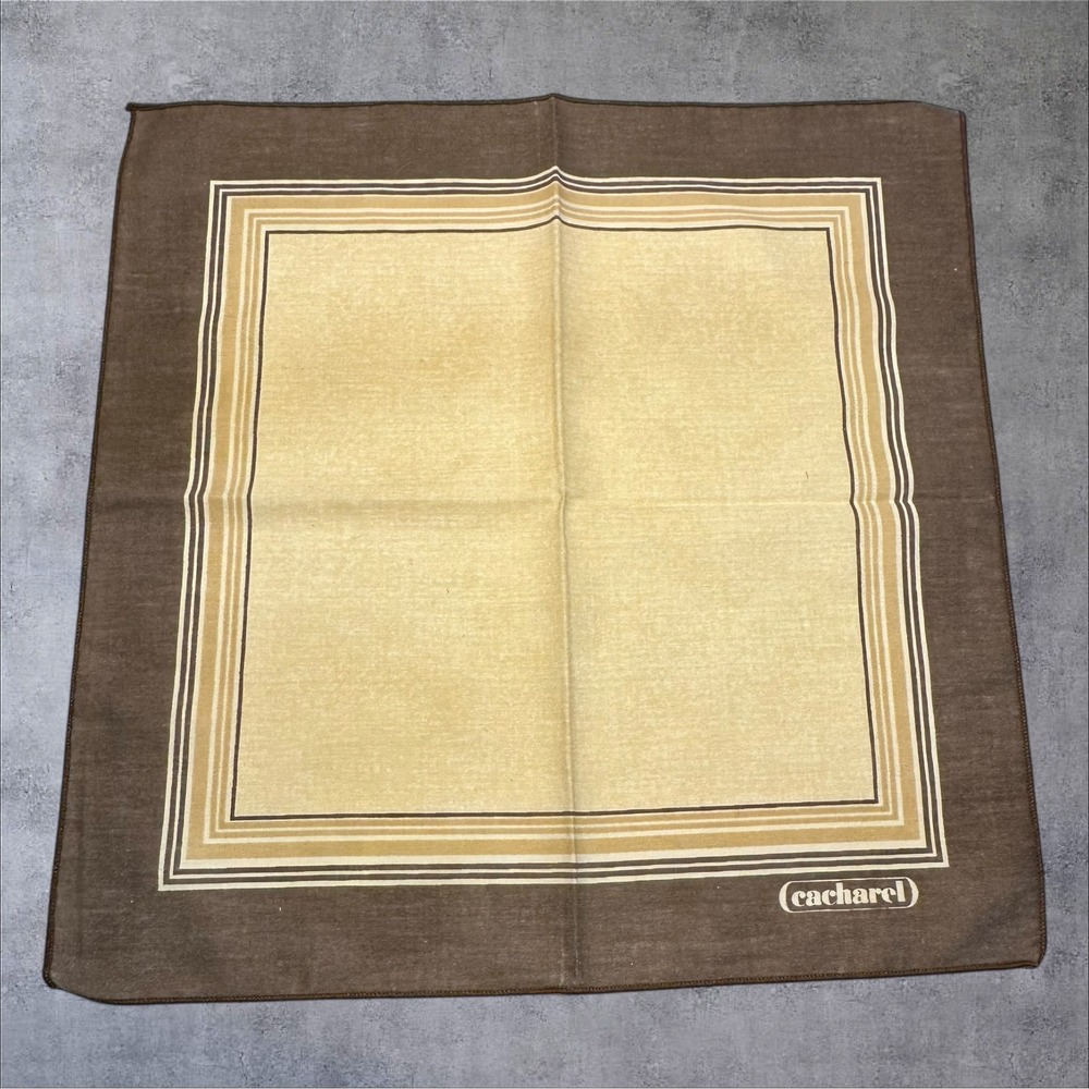 Cacharel Vintage Pocket Square Hankerchief Brown Tan Geometric Border Logo 17in‎
